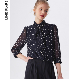 莱茵商场同款法式波点衬衫2023夏季黑色套头蕾丝衫复古上衣女