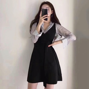 三小姐的咖啡2024秋季韩版衬衫+背带，高腰连衣裙短裙两件套女