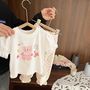 女宝宝小熊印花短袖上衣女童，夏装韩版女婴儿，透气吸汗高级纯棉t恤