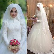 婚纱新娘2023年夏季蕾丝长袖拖尾结婚时尚穆斯林白色婚纱礼服