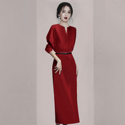 知性优雅ol气质连衣裙，2023秋冬女装，高端名媛显瘦红色礼服裙子