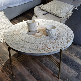 摩洛哥风格设计师款仿古雕刻家具实木做旧雕花茶几法式装饰咖啡桌