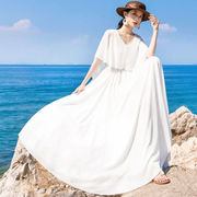 夏季v领雪纺白色飘带，连衣裙复古超仙飘逸拍照裙度假大摆长裙