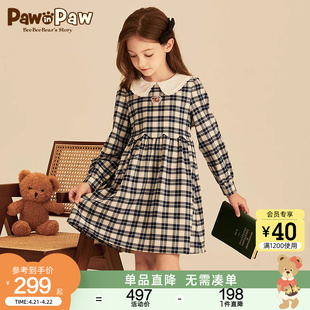 PawinPaw卡通小熊童装2024年春季女童格纹淑女风印花连衣裙