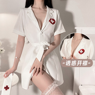 性感深v白色连衣裙护士装短裙夏季薄款粉色，短袖扮演腰带翻领显瘦