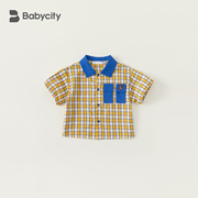 男童短袖衬衫宝宝洋气拼接格子，衬衣休闲夏装，衣服儿童洋气童装上衣
