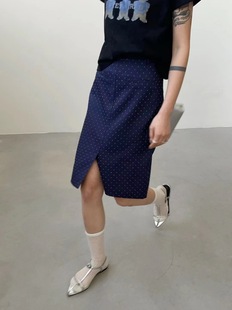 moment韩版chic设计感前开叉波点半身裙夏季高腰显瘦工装中裙