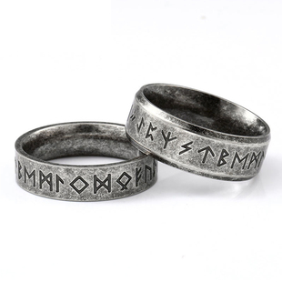 卢恩符文钛钢戒指男ins潮小众，设计黑色复古维京个性尾戒女小指环