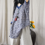 民族风大码棉麻女装夏季轻薄亚麻苎麻t恤上衣中袖衬衫，v领蓝色文艺