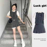 灰色假两件衬衫女夏季韩系学院风短袖上衣高腰短裙裤小香风两件套