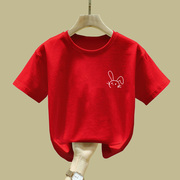 红色纯棉儿童短袖t恤不一样的亲子装一家三口2023夏季男女童上衣