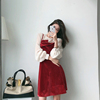 春秋女装2024年轻奢法式吊带连衣裙红色名媛设计感假两件裙子
