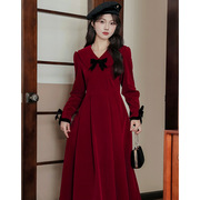 法式复古长袖丝绒红色连衣裙，秋冬2023女装，娃娃领打底小红裙子