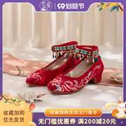 绣花鞋女结婚中式复古中国红色民族，风女鞋手工，珍珠刺绣高跟旗袍鞋