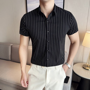 黑白条纹短袖衬衫男士高级感英伦休闲衬衣夏季青年百搭尖领小寸衫