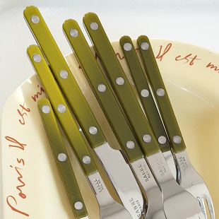 法国sabreparis蕨绿色，亮面西餐具，套装叉勺子4件套ins复古