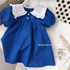 韩国24夏季女童洋气连衣裙女宝宝娃娃裙蓝色短袖小女孩亲子装