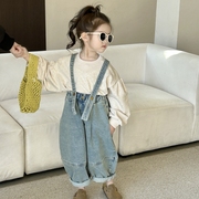 女童牛仔背带裤春装，2024韩版时髦儿童休闲灯笼裤，宽松萝卜长裤