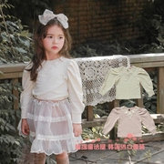 女童长袖t恤韩国童装，flo2022秋季宝宝蕾丝，拼接泡泡袖公主棉打底衫