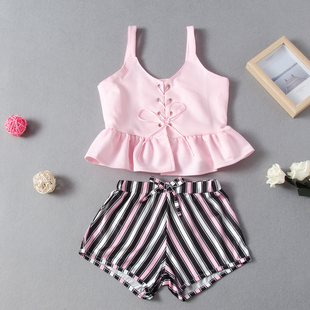 夏季ins中小童女童吊带粉色，个性上衣时尚黑白粉条纹蝴蝶结短裤潮