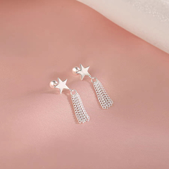 925纯银星星流苏耳环女气质螺丝拧扣耳钉小众设计五角星链条耳饰