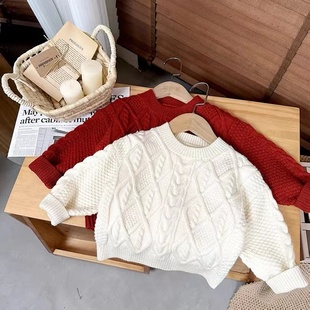 冬季韩版男女童长袖儿童加厚圆领套头红色麻花毛衣，内搭针织上衣潮