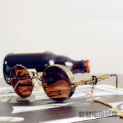 欧美朋克哥特风潮男女太阳镜圆形，复古偏光墨镜，彩膜时尚个性眼镜金