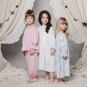 高端订制女童星星印花人棉贡缎家居服睡衣套装儿童长袖睡裙空调服
