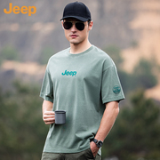jeep吉普夏季军(夏季军)绿色，短袖t恤纯棉，宽松大码胖子户外男士休闲五分袖