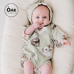 Oak Family新生儿婴儿衣服夏季爬服短袖宝宝连体衣薄款百天包屁衣