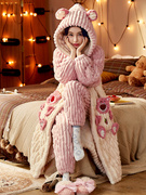 珊瑚绒睡袍棉睡衣女冬季加厚款三层套装秋冬季保暖夹棉袄中长款家
