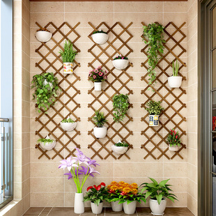 墙上花架阳台壁挂绿植置物架客厅，挂墙装饰网格花架，实木挂式花墙架
