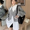 韩系时尚套装女春秋2023中长版打底白衬衫灰色毛呢外套两件套