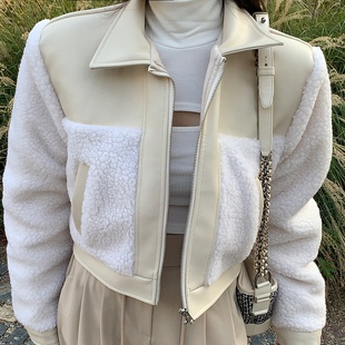 韩国东大门冬季女士翻领洋气pu皮拼接羊羔毛加厚宽松短款外套夹克