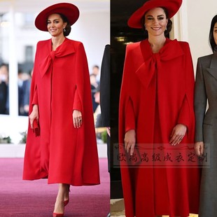 高端定制凯特王妃同款红色，圆领斗篷大衣，毛呢外套长款宽松英伦大气