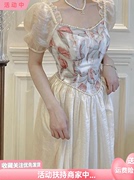 2024春夏法式浪漫宫廷风连衣裙拼接设计感优雅气质复古泡泡袖长裙