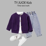 儿童圆领毛衣2024紫色慵懒风男童长袖针织上衣女宝宝针织外套