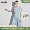 LANDI蓝地2023年夏季浅蓝色v领印花碎花连衣裙女雪纺中长裙子