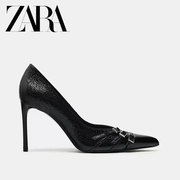 2024冬季ZA女鞋尖头黑色浅口高跟单鞋搭扣穆勒鞋细跟职业高跟鞋子