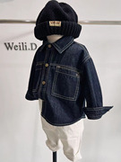 韩版男童牛仔衬衫外套，秋装男宝宝开衫，立领毛衣三件套高端走秀帅