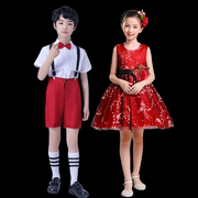 酒红色男女童演出礼服纯色女生连衣裙幼儿园舞蹈蓬蓬公主裙