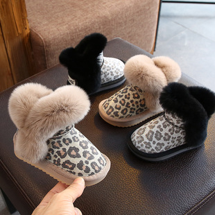 女童雪地靴豹纹儿童靴子，加绒加厚冬季男童棉靴宝宝冬鞋毛毛鞋