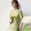 24夏新v领系带清新绿色牛油果，色法式复古茶歇裙中长款连衣裙12213
