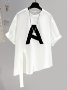 短袖开叉T恤2024夏季韩版宽松设计感小众短款白色上衣潮女装