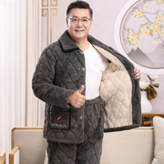 睡衣冬季男士三层夹棉保暖棉袄加绒加厚中老年人，爸爸款家居服套装