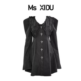 Ms XIDU 金属十字架万圣节衬衫裙长袖泡泡袖巴洛克娃娃领连衣裙女
