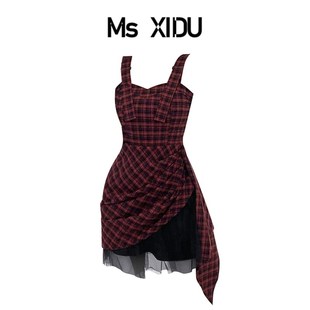 msxidu红黑格纹红色，格子吊带连衣裙禾加一裙子女夏季小众设计感