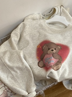 韩国工厂定制婴儿绒粉红，爱心小熊短款圆领长袖套头卫衣女士上衣