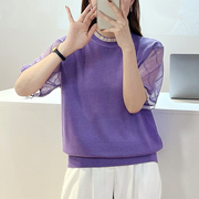 2023夏季韩版宽松圆领镂空针织衫短袖套头毛衣女T恤蕾丝上衣
