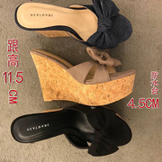 夏季超高跟坡跟蝴蝶结拖鞋女松糕底厚底防水台凉拖鞋增高女鞋